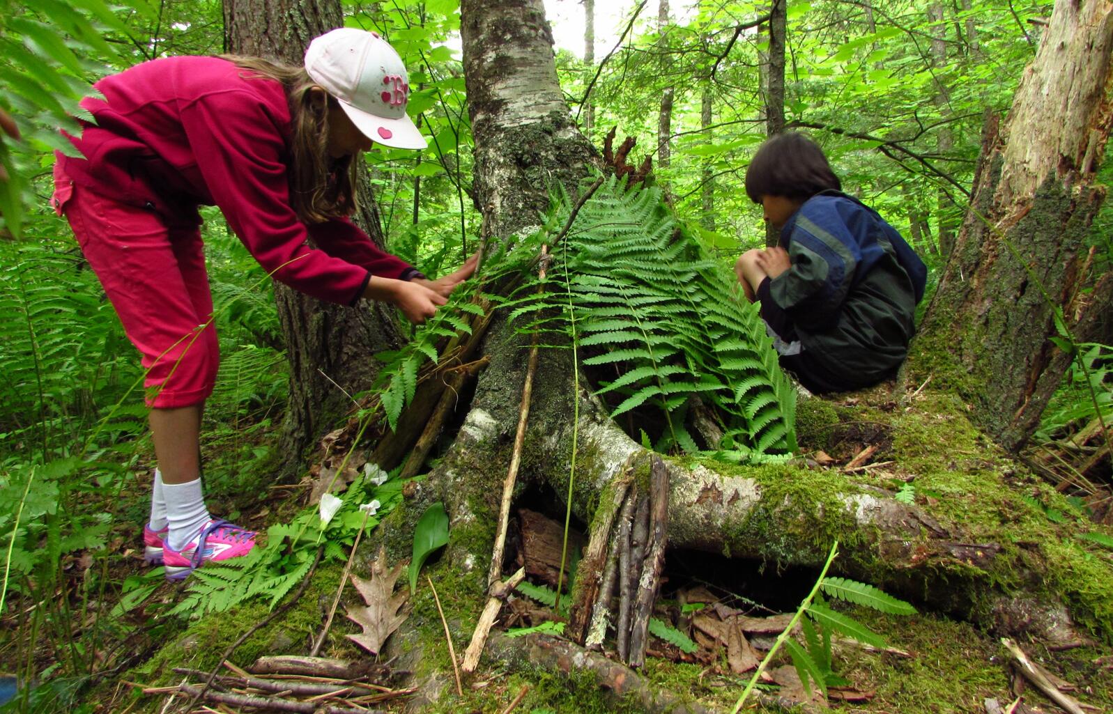Two children build a fairy house at the base of a tree with sticks and ferns.
