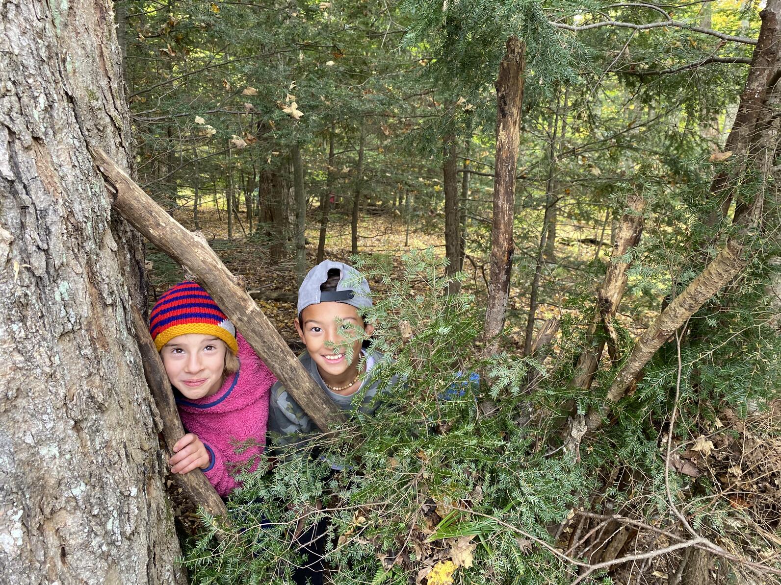 Two students shelter building