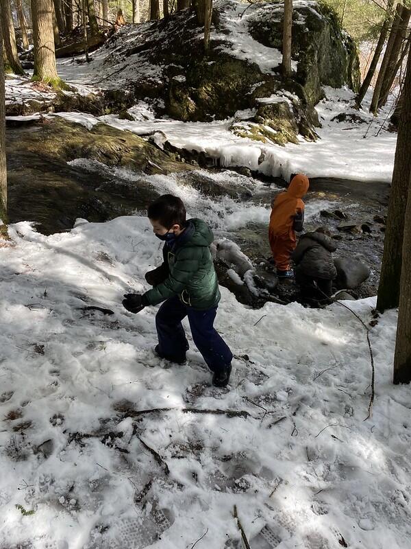 Students exploring the icy Brook