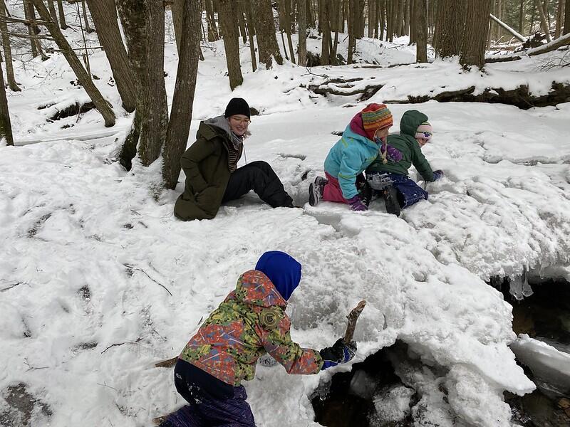 Students watching the Brook ice