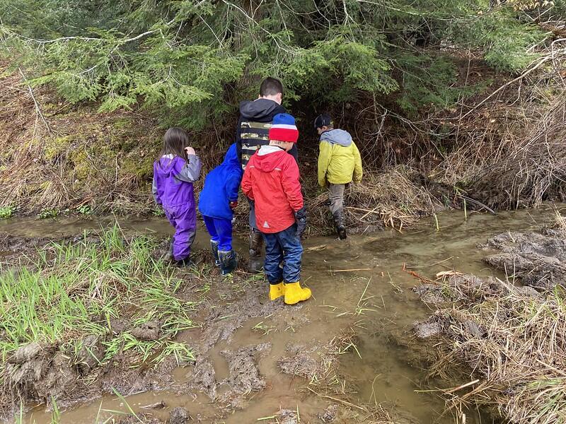 Three students exploring the bank off Beaver Pond