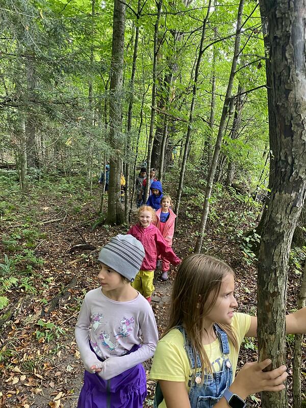 Students on trail in woods