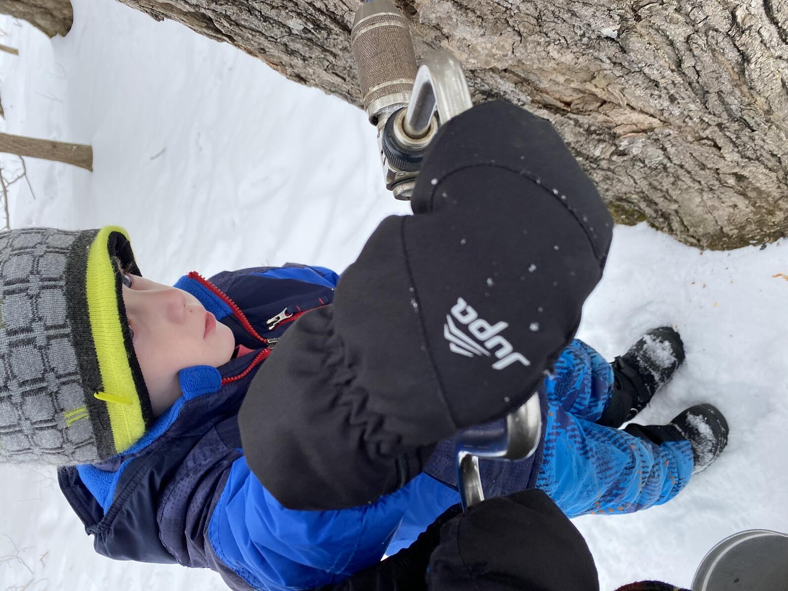 a child drills into a tree