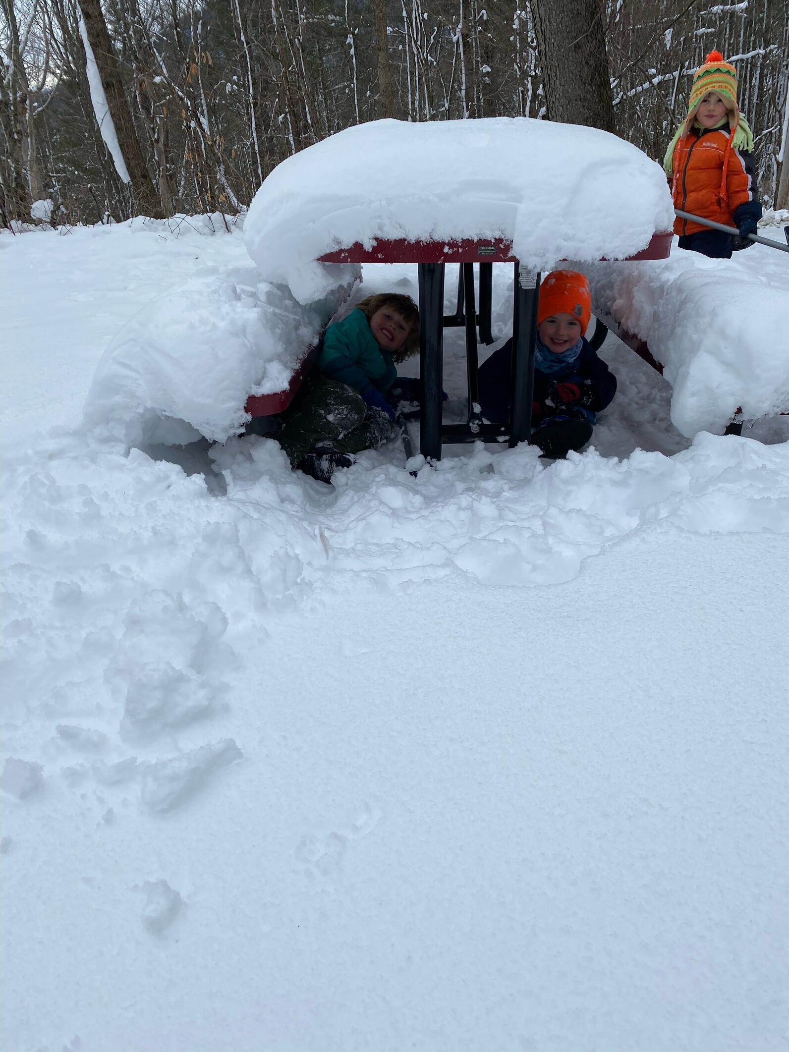 children play under a table covered with snow