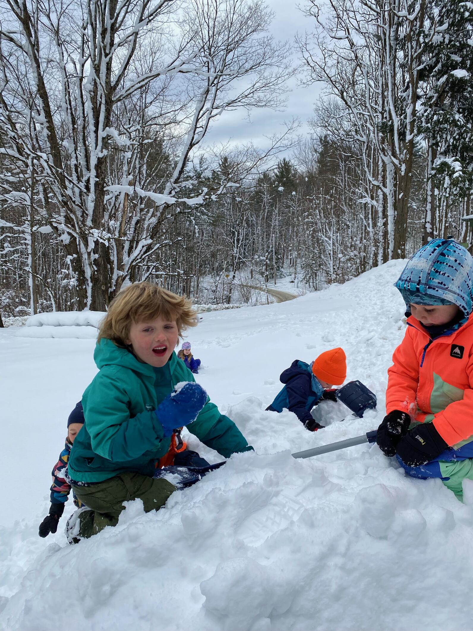 children play on a snow mound