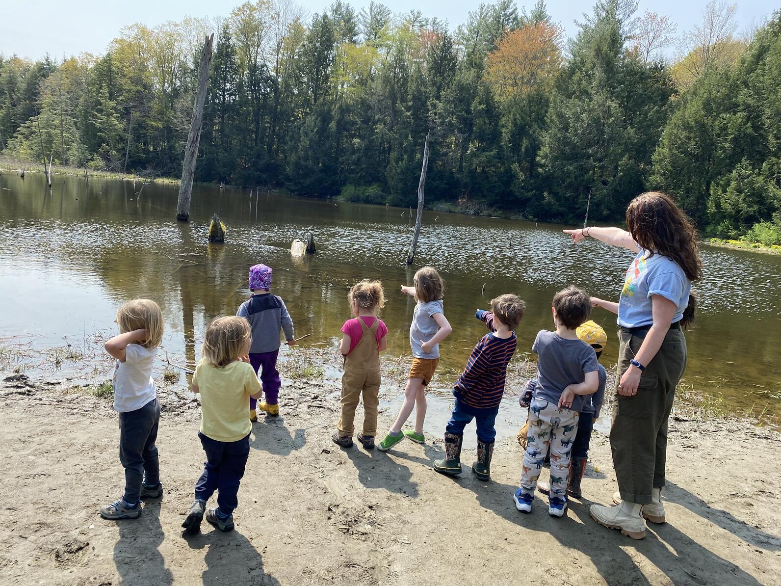 Environmental Education Intern Eve Hallock standing on the shore of Beaver Pond with a group of young Audubon campers. Everyone is looking over the pond. Eve and a camper are pointing at something in the distance. 