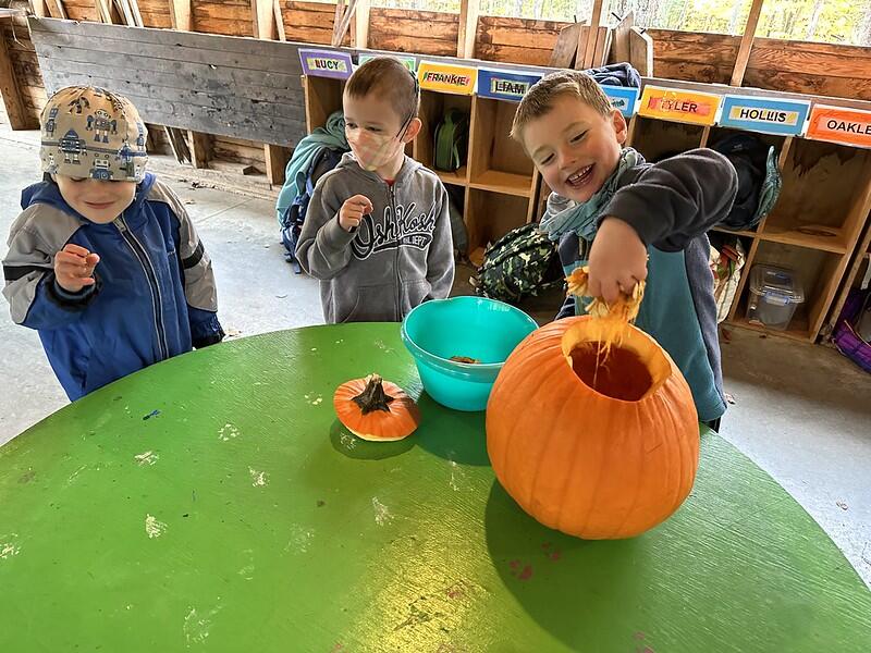 Student taking out pumpkin goo