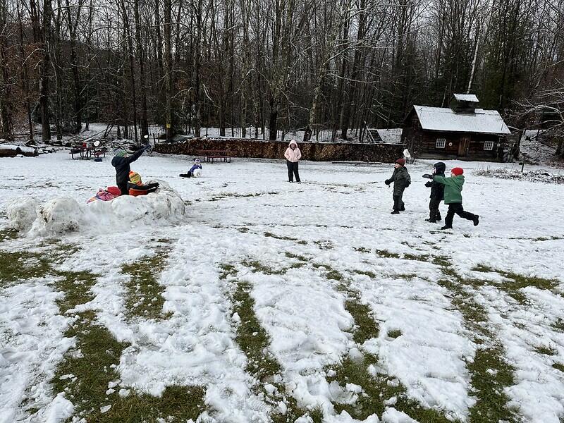 Students having a snow ball fight