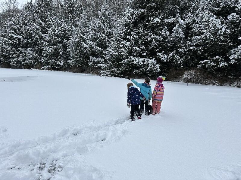 Students standing at snowy beaver pond