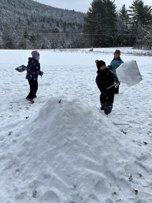 students shoveling snow into a pile