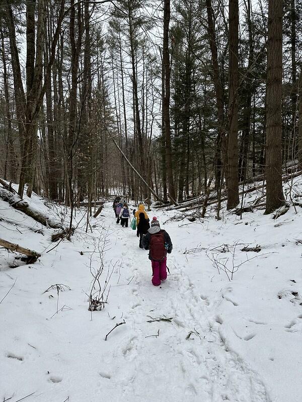 Students hiking up trail
