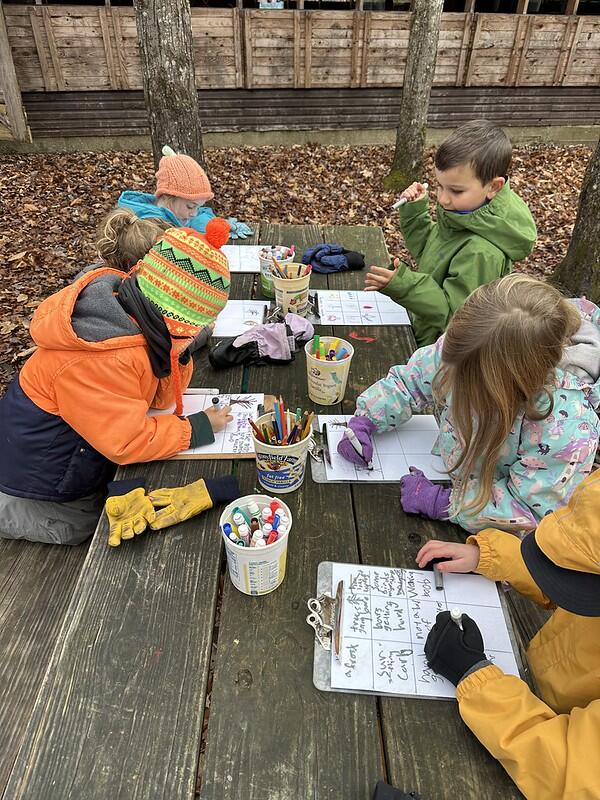 students working at picnic table