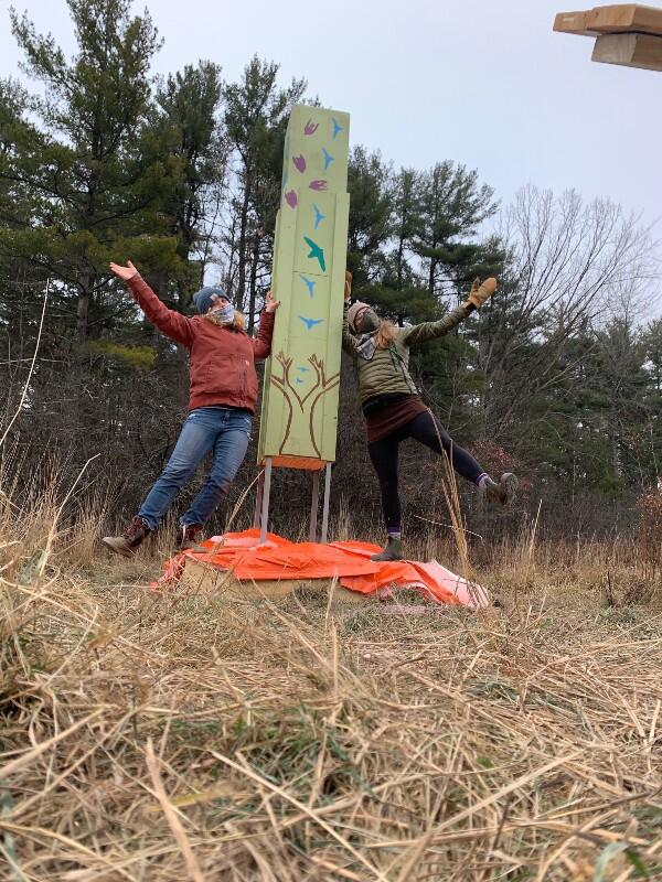 Rae and Olivia celebrate the creation of the Chimney Swift Tower at Oakledge Park in Burlington, Vermont.