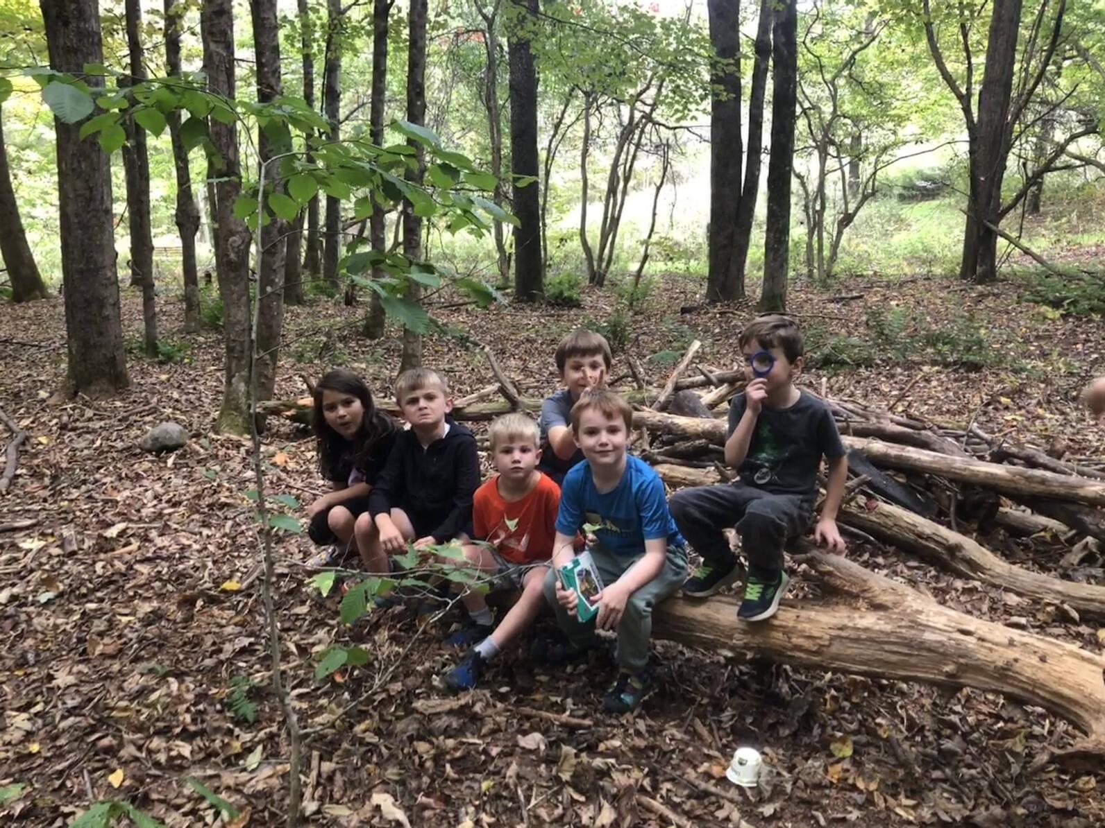 A group of young kids sit on a fallen log making silly faces at the camera