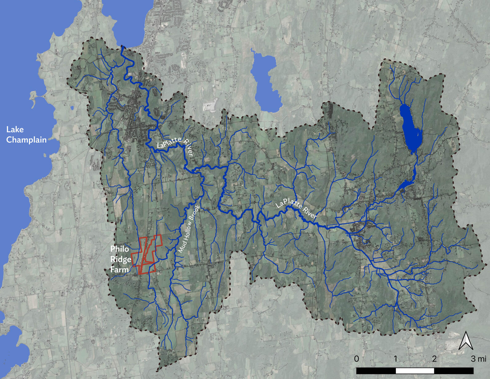 Map of the Mud Hollow Brook and LaPlatte river watersheds.