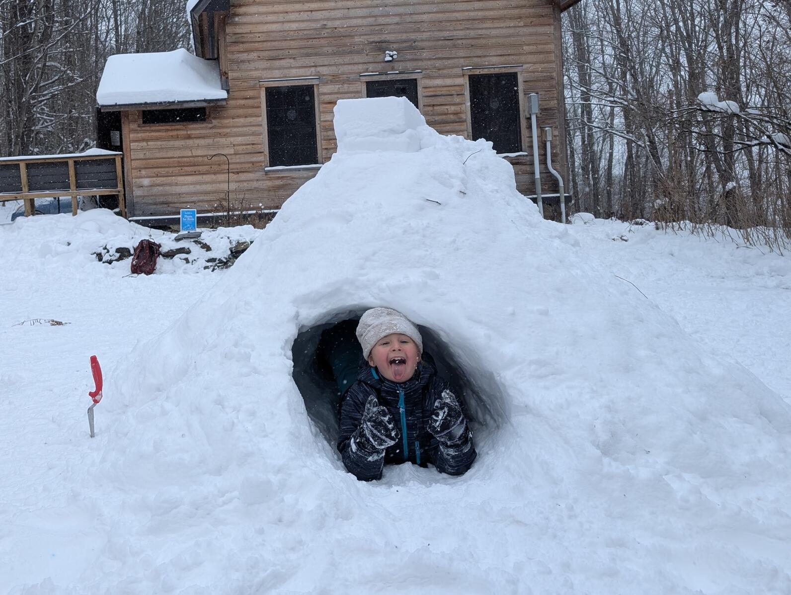 A girl lays inside a quinzhee (a pile of snow with a tunnel in the front) on her belly sticking her head out and smiling with her tongue out. She gives a double thumbs up with her gloves A girl lays inside a quinzhee (a pile of snow with a tunnel in the front) on her belly sticking her head out and smiling with her tongue out. She gives a double thumbs up with her gloves