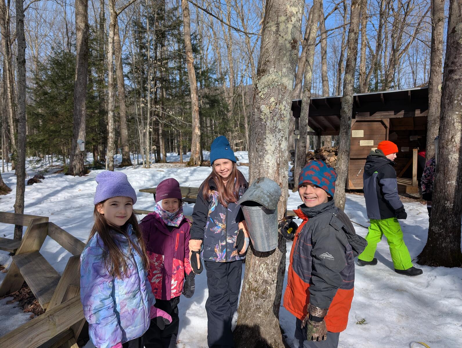 four kids pose next to a sap bucket on a tree four kids pose next to a sap bucket on a tree