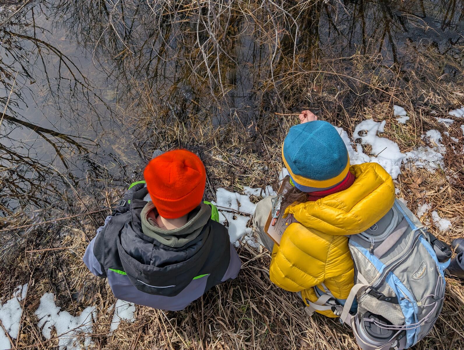 A student and a teacher crouch at the edge of a pond. The teacher uses a stick to point at something under the water