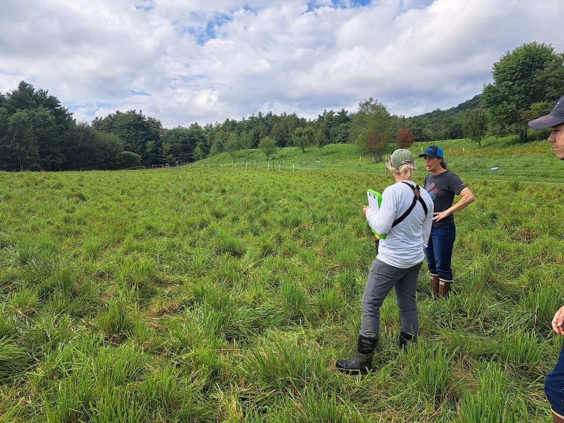 a farmer and biologist stand in a grass field and talk about grazing operations