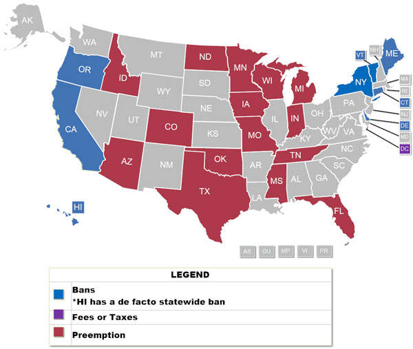 States with Enacted Plastic Bag Bans or Fees