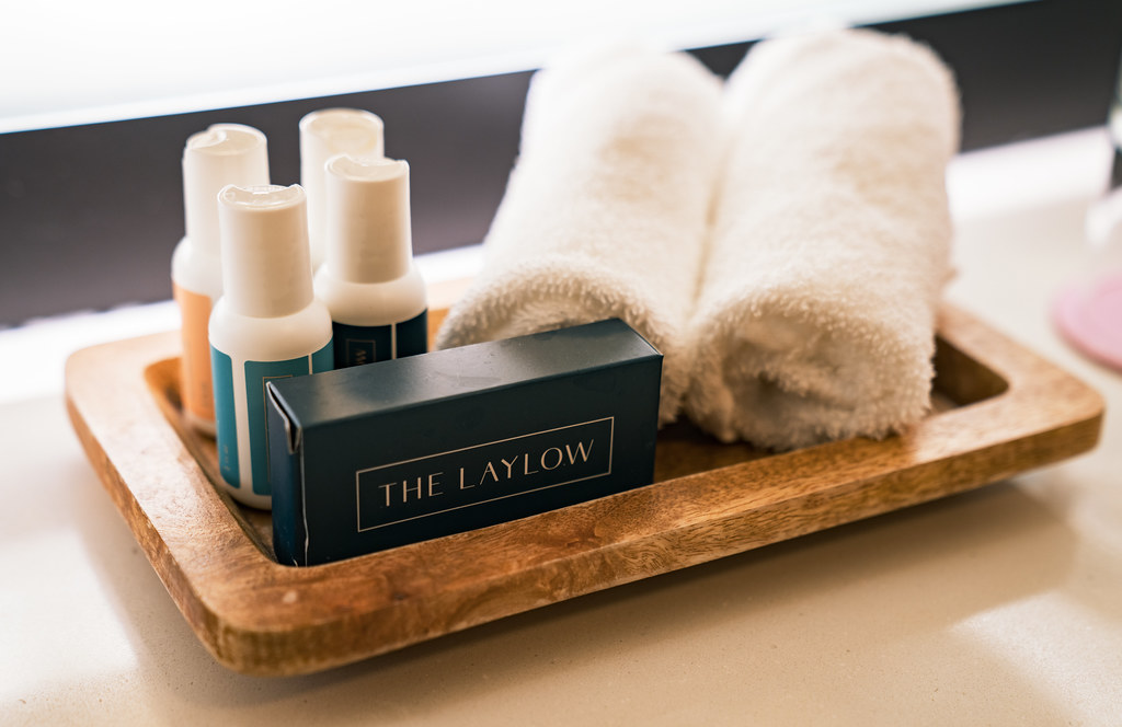 Travel-sized hygiene products in a hotel.