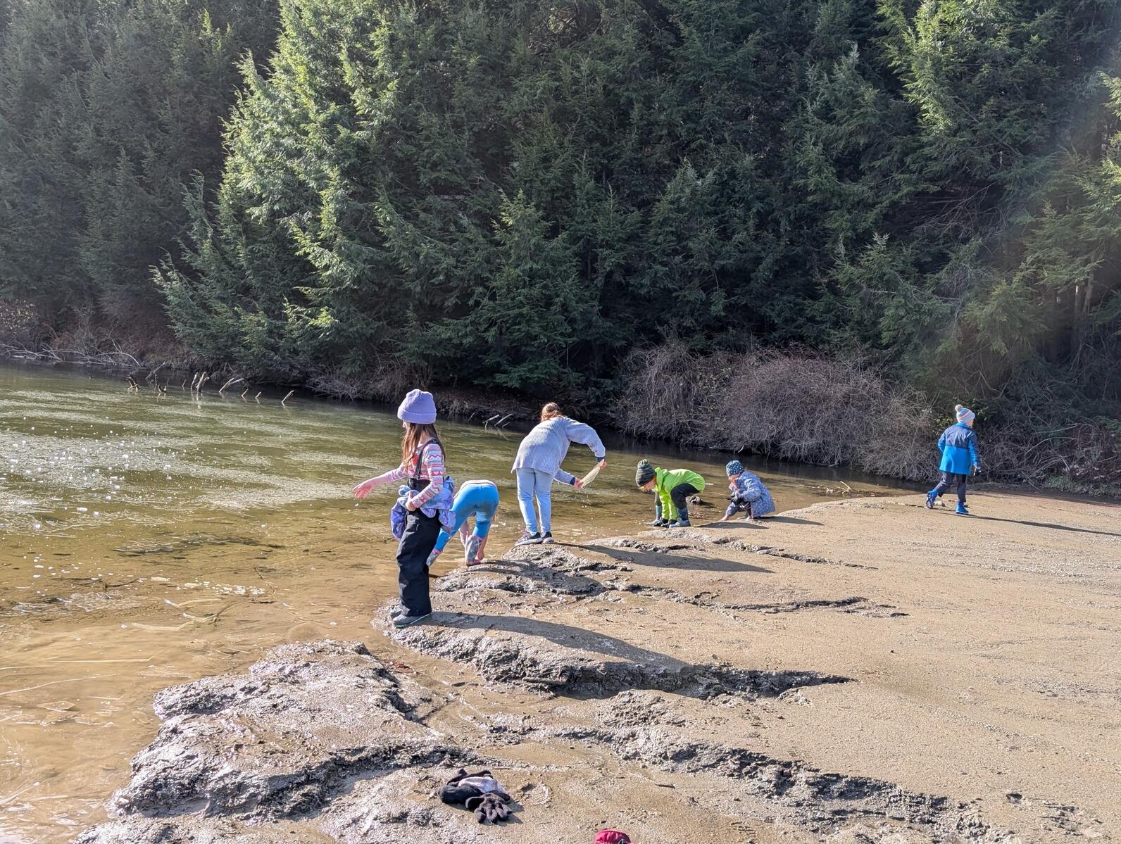 Several kids stand along the muddy bank of a pond tossing ice and rocks across the mostly frozen surficee