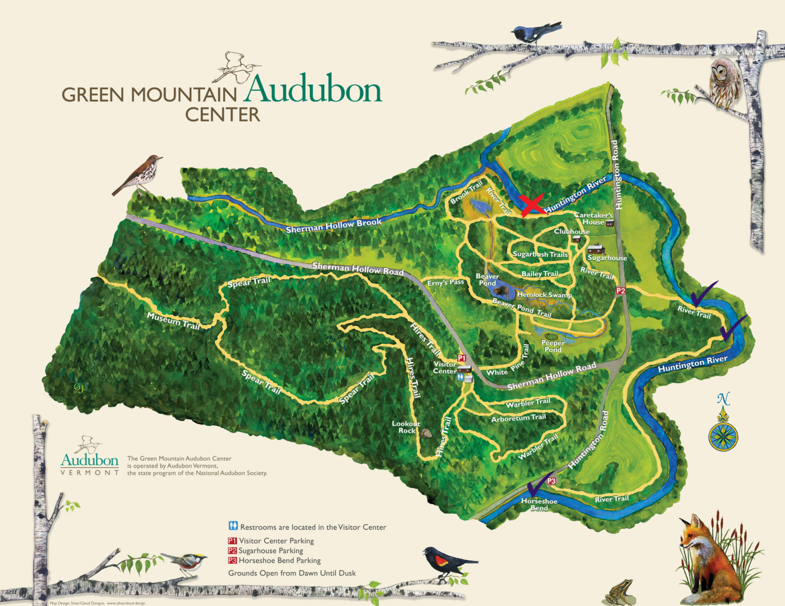 A trail map of the Green Mountain Audubon Center. Two spots are marked with check marks on the section of the River Trail across Main Street. The section of River Trail on the west side is marked with an X