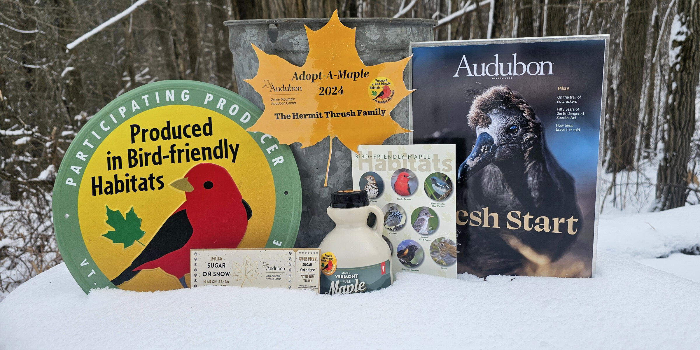 A photo displaying the Adopt-a-Maple bundle items, arranged together in the snow.