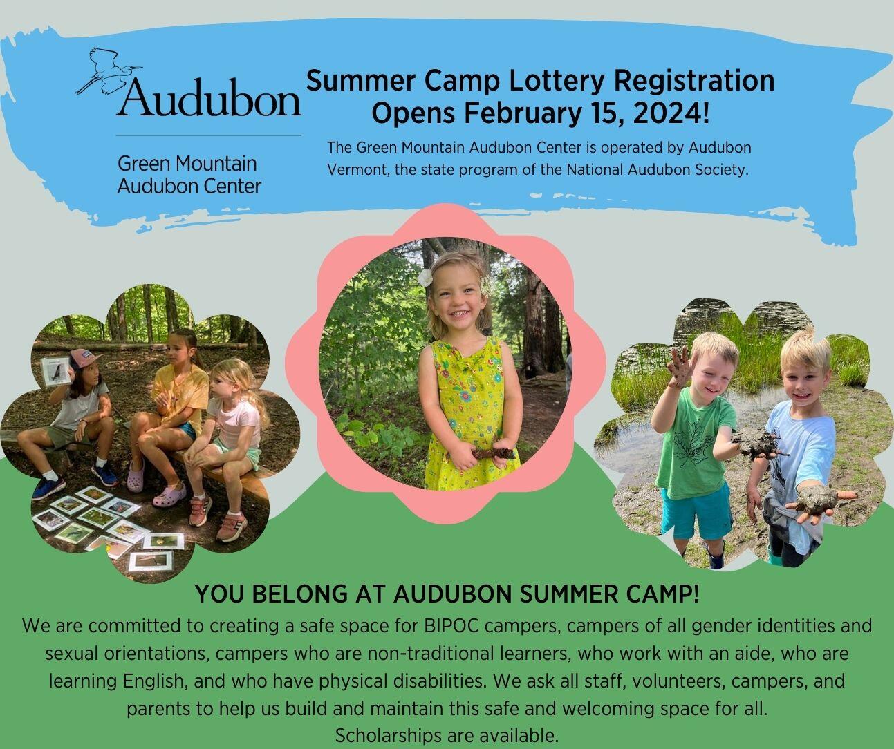 Coloful backgrounds of blue and green highlight text with registration date and statement of bleonging with 3 colorful pictures of campers