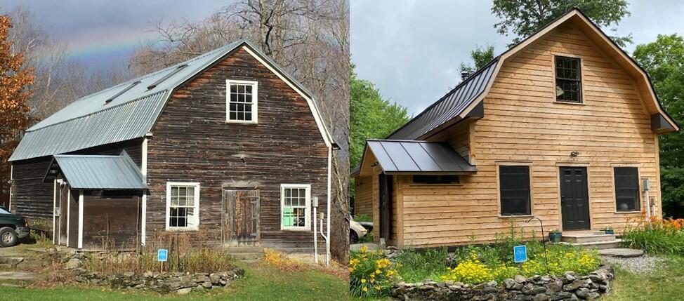 A side by side depiction of the Education Barn before and after renovations.